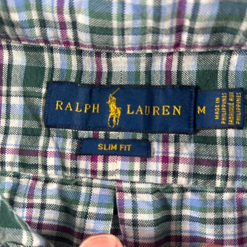 Ralph Lauren Boys Green Blue Plaid Slim Fit Short Sleeve Button Down Shirt M